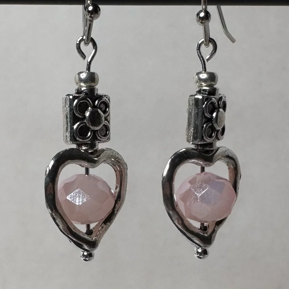 HAND CRAFTED Floral Heart Earrings 1 1/2” Silver Pink NWT